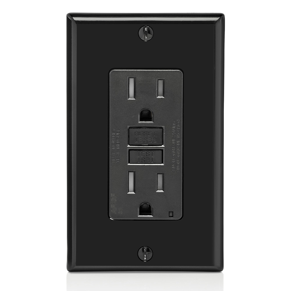 15 Amp, 125 Volt Dual Function AFCI/GFCI Receptacle, 20 Amp Feed-Through, Tamper-Resistant, Monochromatic, back and side wired, nylon wallplate/faceplate, screws and self-grounding clip included  Black