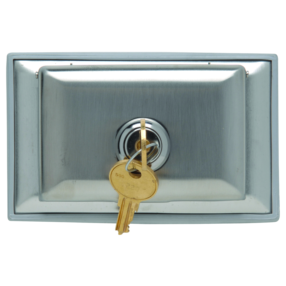Dustproof Locking Stainless Steel Cover, Horizontal Duplex Receptacle Opening.