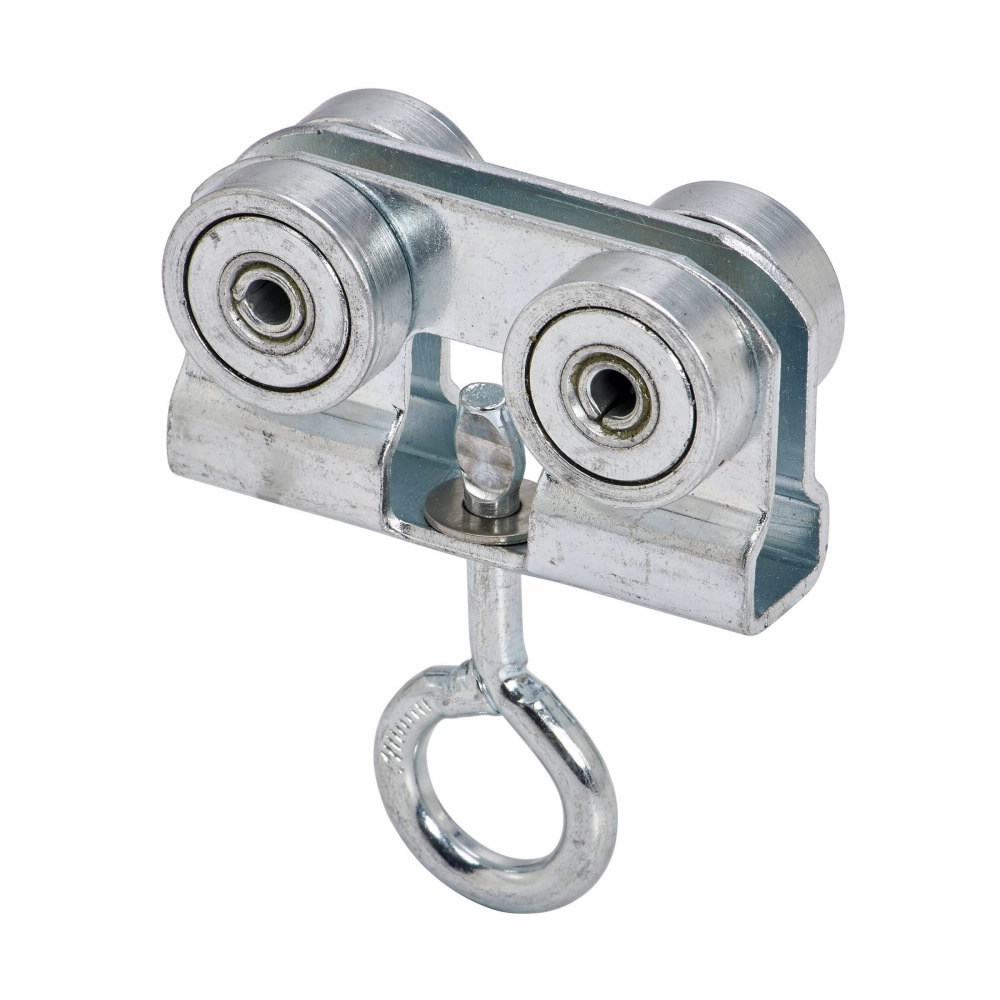 Eaton B-Line series trolley assembly, 3.93" H x 3" L x 1.6250" W, Steel, Electro-plated, 12 Gauge, Four bearing trolley assembly w/ eye hook