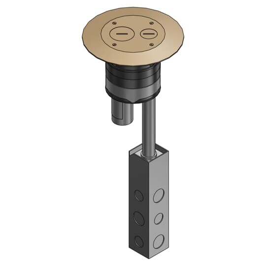 Poke-Through Furniture Feed Base Unit, 4 Inch Drill Size, 18 Inch Length, Hub Size 3/4 Inch and 1-1/4 Inch, Galvanized Steel, with Brushed Brass Cover with 7-1/4 Inch Diameter