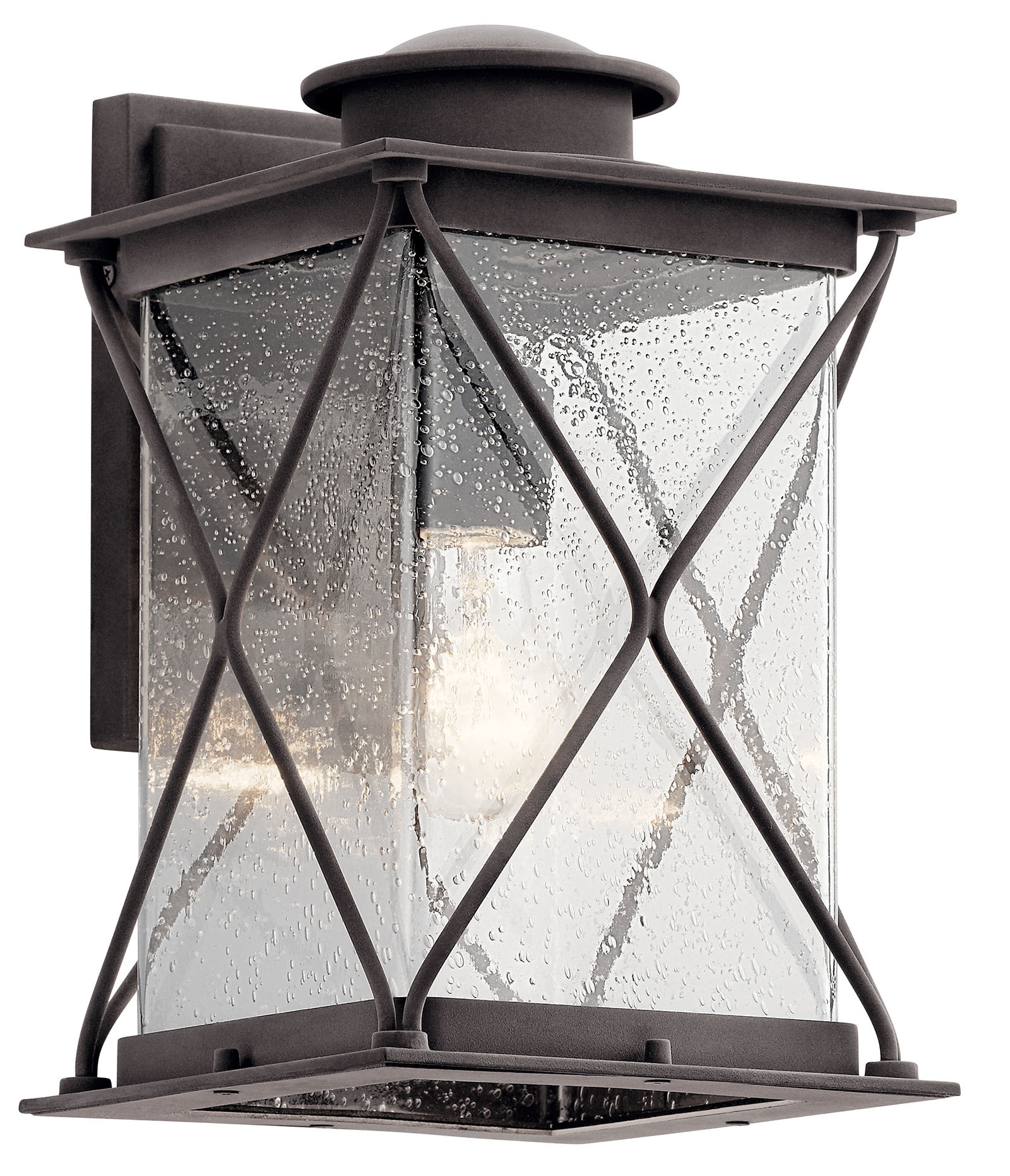 Argylefts outdoor wall lantern showcases a lodge-inspired design that brings a distinctive look to your curb-appeal. This fixture features a crisscross pattern, a beautiful Weathered Zinc finish and clear seeded glass. When creating an aesthetic atmosphere, nothing compares to Argyle.