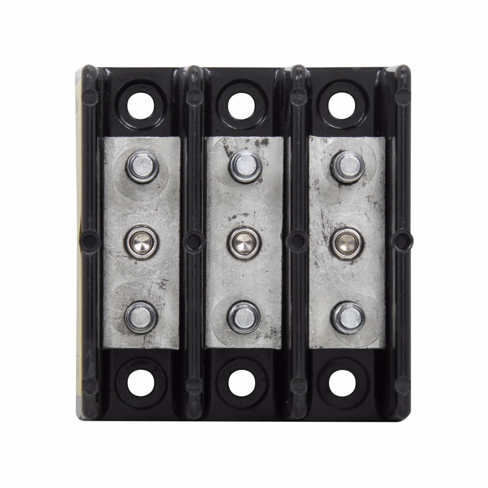 Eaton Bussmann series power terminal block, 600 Vac, 600 Vdc, 150A, Power terminal block, Three-pole, 1/4 In-20 TPI X 3/4 In Stud (Line/Load), SCCR: 10 kA, Black, Molded Thermoplastic Base, Tin-plated aluminum connector