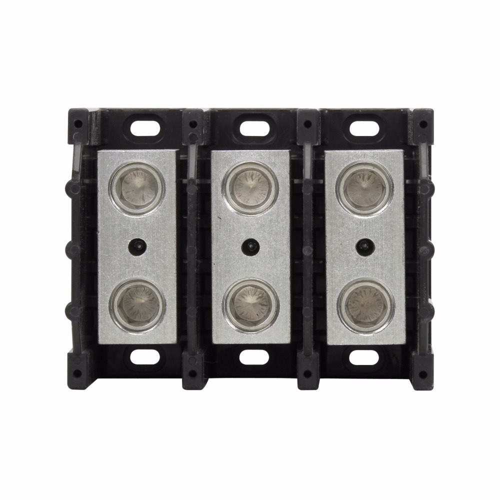 Eaton Bussmann series power splicer block, 600 Vac, 600 Vdc, 380A, Power splicer block, Three-pole, Splicer, SCCR: 10 kA, Black, Molded Thermoplastic Base, Tin-plated aluminum connector