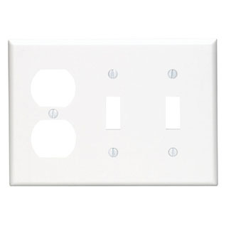 3-Gang 2-Toggle 1-Duplex Device Combination Wallplate, Standard Size, Thermoset, Device Mount, White