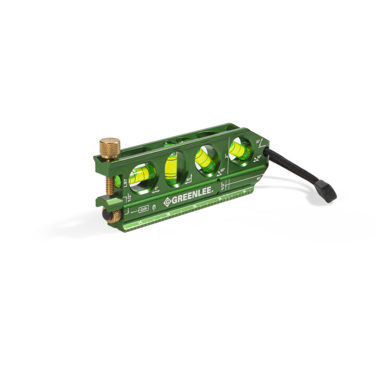 Laser Level, Professional Grade.  Mini torpedo design with handy no-dog attachment for bending.  Three rare earth magnets provide superior holding strength.  Four vial design - 0, 90, 45, and 30.  Machined from aluminum alloy and anodized to aircraft standards.  Compact size fits easily in tool pouch.  V-groove on bottom for mounting on curved surface.