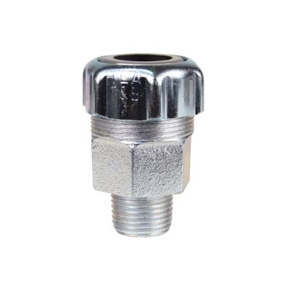 Watertight fitting made of malleable iron with a hub thread size of 3/4 inch Cable Jacket outside diameter is 0.88 to 1.065 inches.