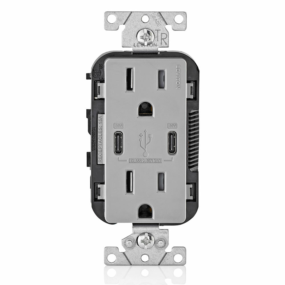 15 Amp, 125 Volt, Decora Tamper-Resistant Outlet. NEMA 5-15R, 30W (6 Amps), Dual Type-C/C Power Delivery USB Chargers, Grounding, Side Wired  - Back Wired - Gray
