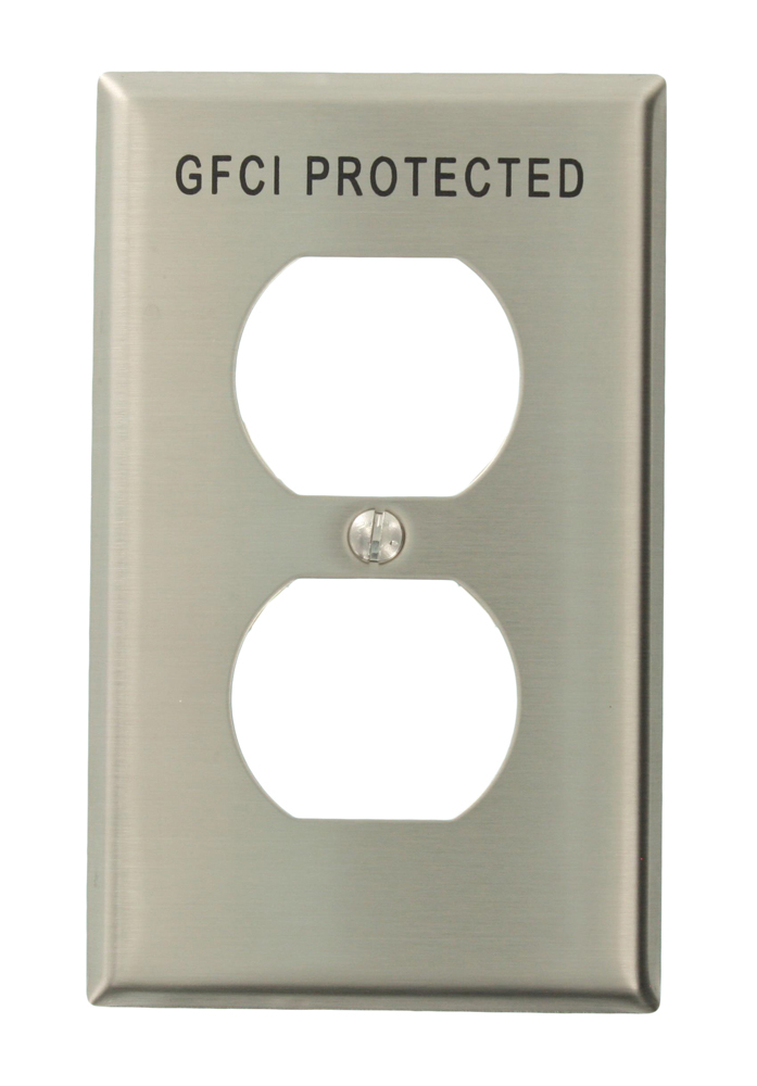 1-Gang Duplex Device Receptacle Wallplate, Standard Size, 302 Stainless Steel, Device Mount, Engraved GFCI Protected - Stainless Steel
