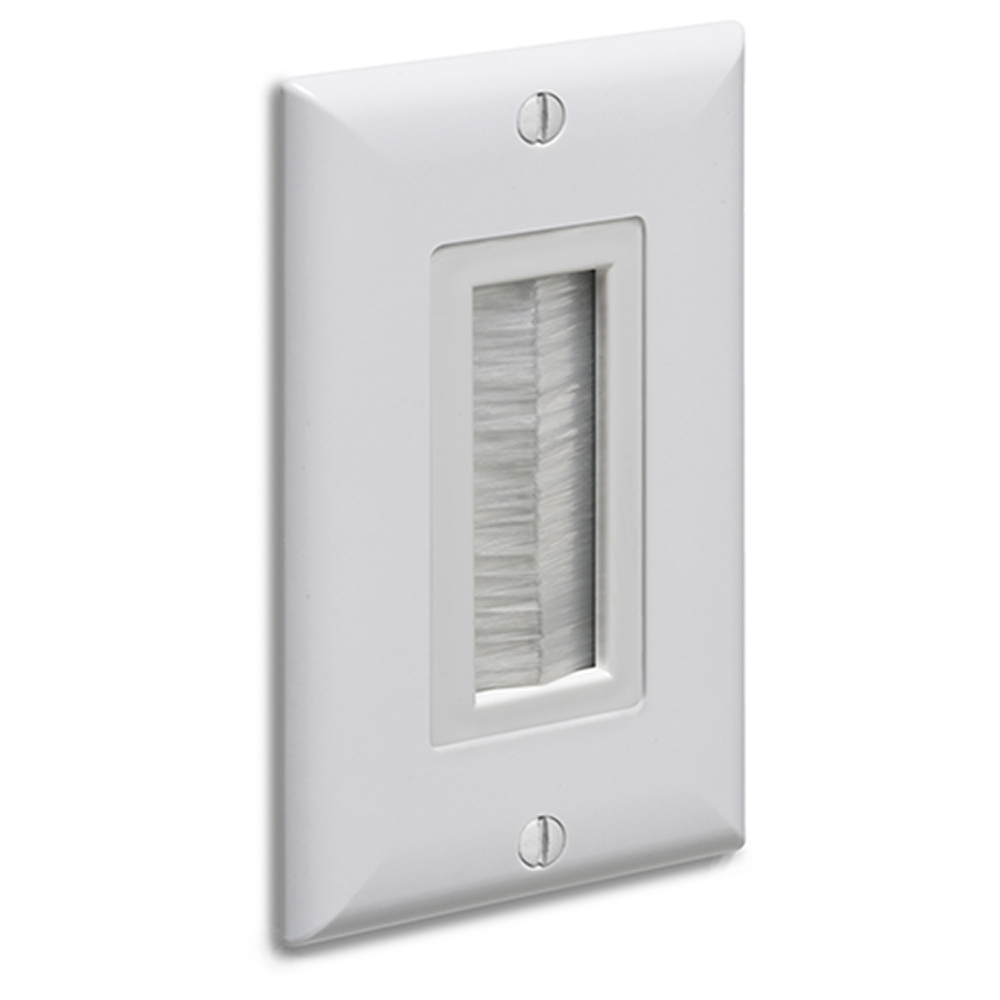 Cable entry device with brush style cover. White Non-metallic. Includes two #6 screws. Comes with wall plate.