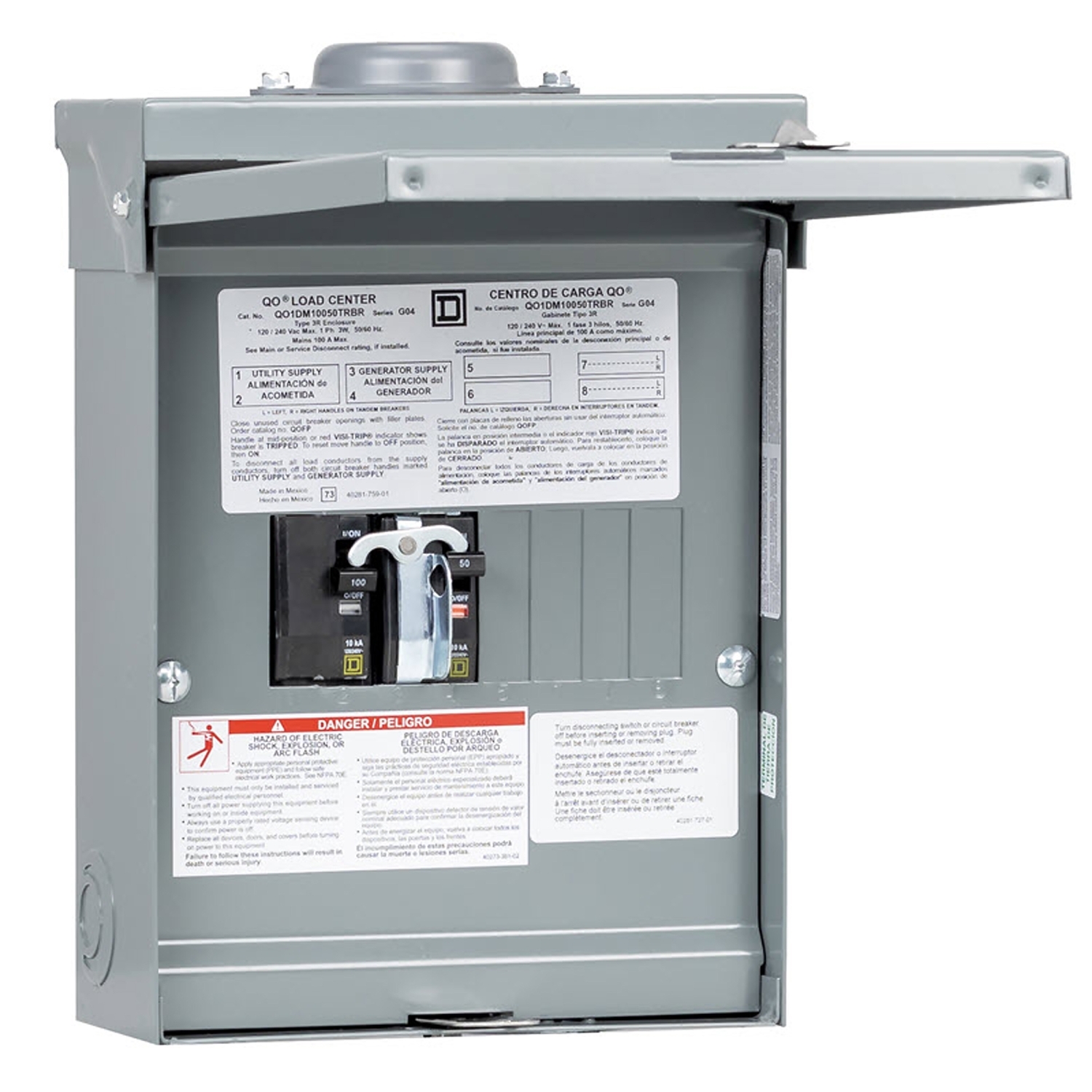 Generator panel, QO, 1 phase, 4 spaces, 8 circuits, 50A main breaker with interlock, NEMA3R, gnd bar