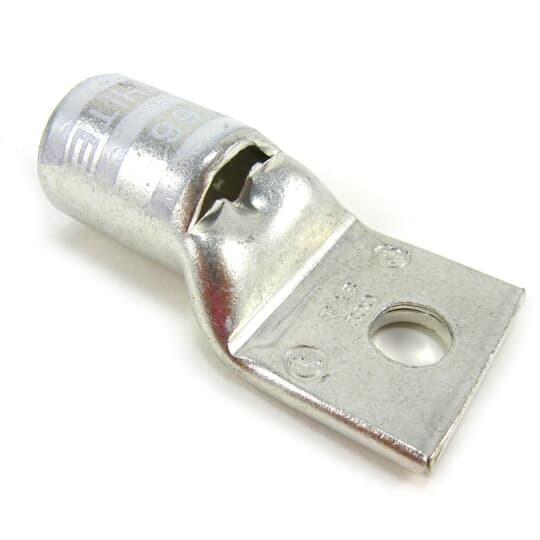 Copper One-Hole Lug, Standard Barrel, Peep Hole, Max 35kV, Wire Size 250 Flex, 1/2 Inch Bolt Size, Tin Plated, Die Code 66, Die Color Code White
