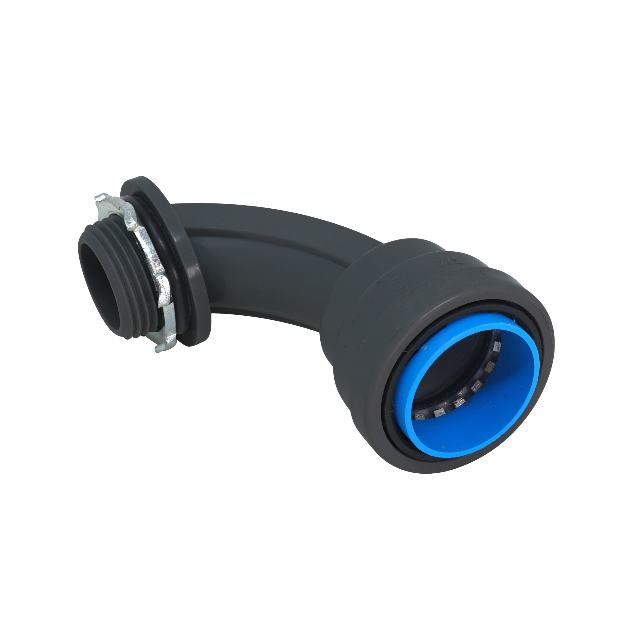 SIMPush, push-to-install non-metallic liquid tight 9 degree connectors are used to securely connect liquid tight conduit to boxes without tools.  These robust fittings are rated for direct burial, watertight and concrete tight.