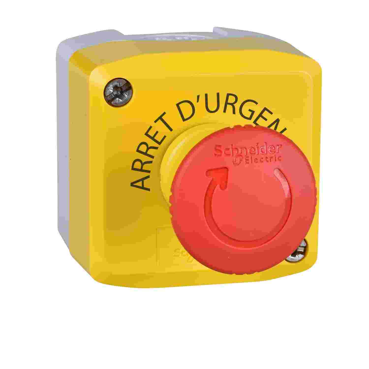 22mm push button, Harmony, yellow control station, trigger action emergency stop, 40mm red mushroom, 1 NC, NEMA 13