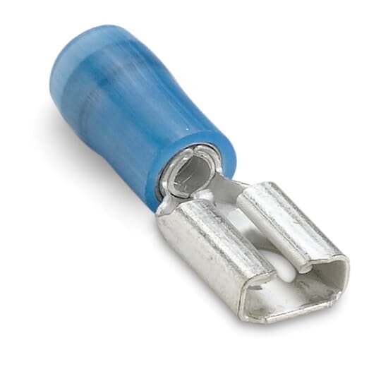 Nylon Insulated Female Disconnect, Length .91 Inches, Width .29 Inches, Maximum Insulation .162, Tab Size .250x.032, Wire Range #16-#14, Color Blue, Copper, Tin Plated, 100 Pack