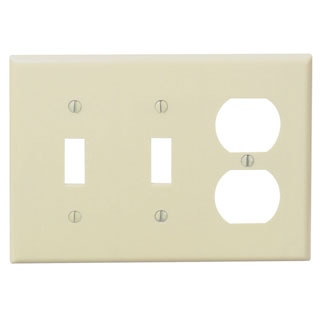 3-Gang 2-Toggle 1-Duplex Device Combination Wallplate, Standard Size, Thermoset, Device Mount, Ivory