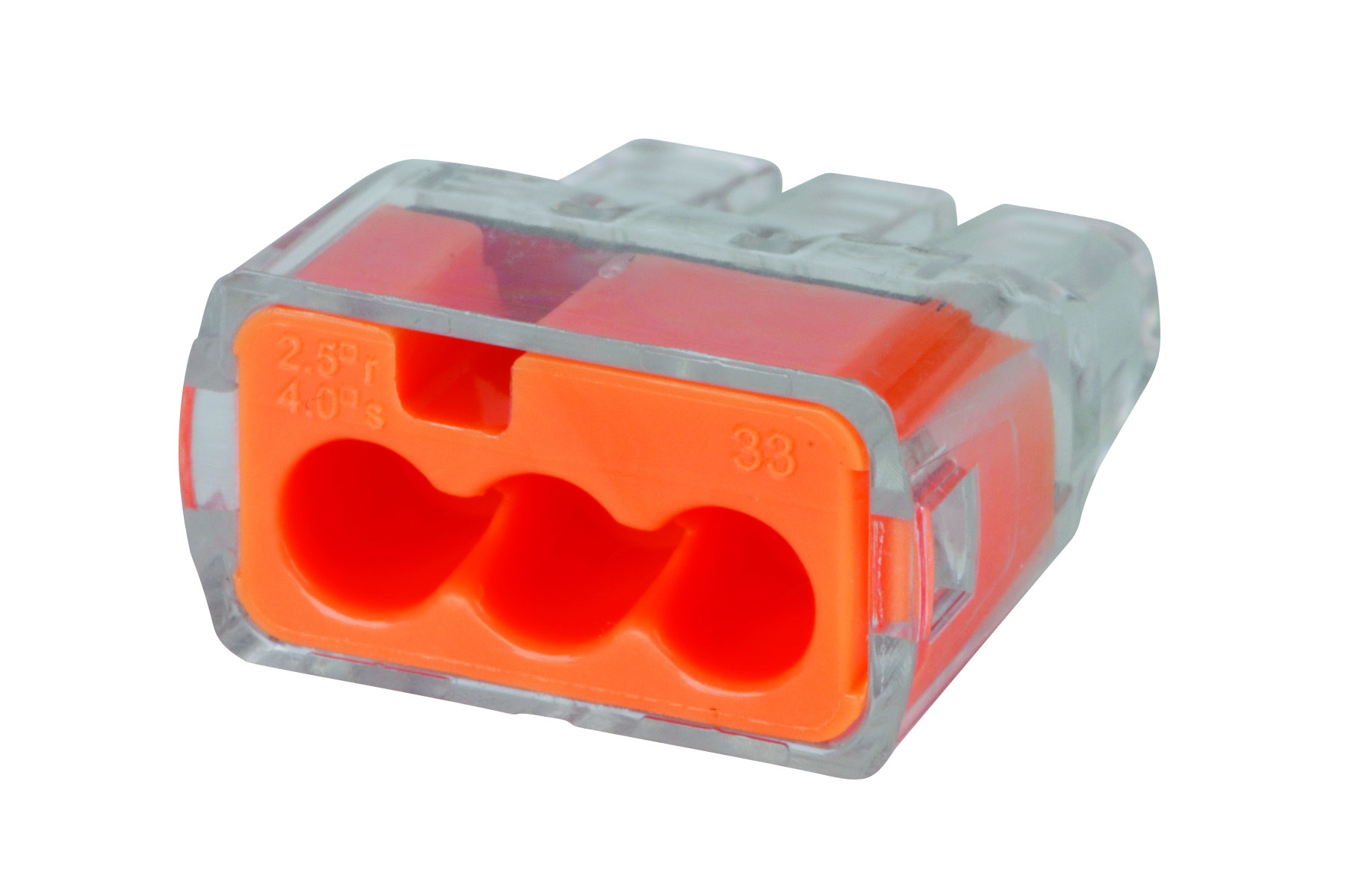 IDEAL, Wire Connector, In-Sure, Push-In, Size: 0.780 IN Length X 0.690 IN Width X 0.380 IN Height, Connection: 3 Ports, Wire Size: #12 AWG - #20 AWG Solid, #12 AWG - #16 AWG (19 Strand Or Less) #18 AWG (7 Strand) Stranded, #14 AWG - #18 AWG (19 Strand Or Less) Stranded (Tin Bonded), Color: Orange, Voltage Rating: 600 V Maximum Building Wire, 1000 V Maximum Signs And Lighting Fixtures, Temperature Rating: 105 DEG C Shell Rated, Wire Type: Solid, Stranded, Stranded (Tin Bonded), Model: 33