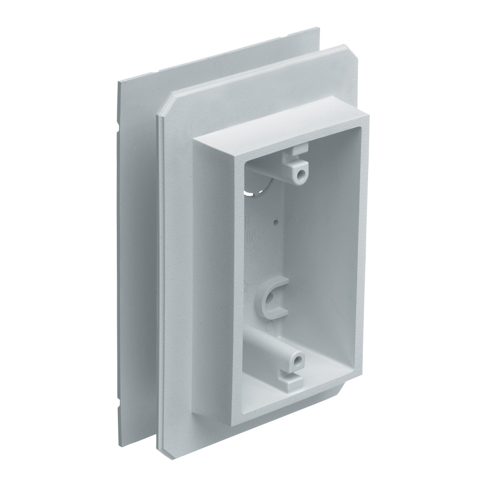 Weatherproof device outlet box for installing on all types of siding. Installs before or after siding is up vertically or horizontally. Paintable. 19.4 cu. in.