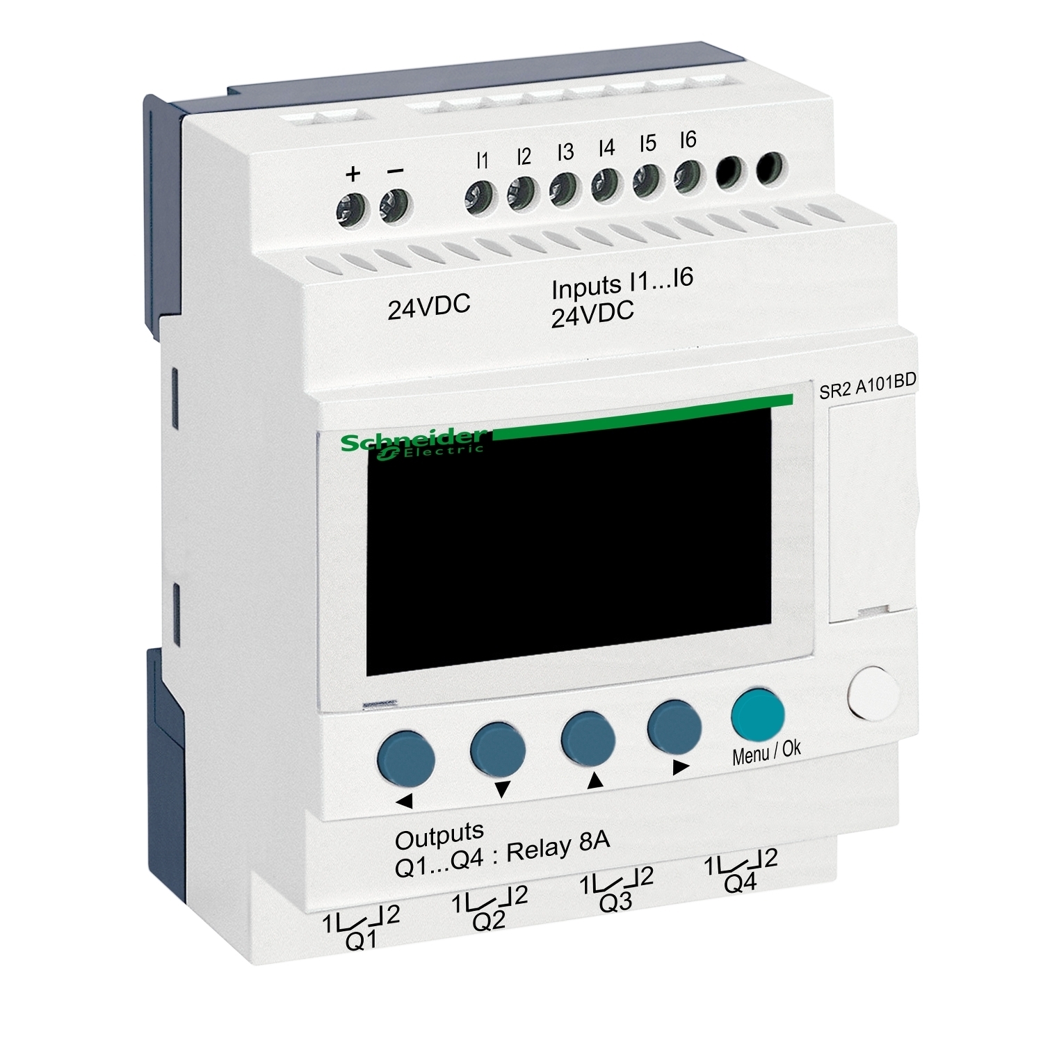 compact smart relay, Zelio Logic SR2 SR3, 10 IO, 24V DC, no clock, display