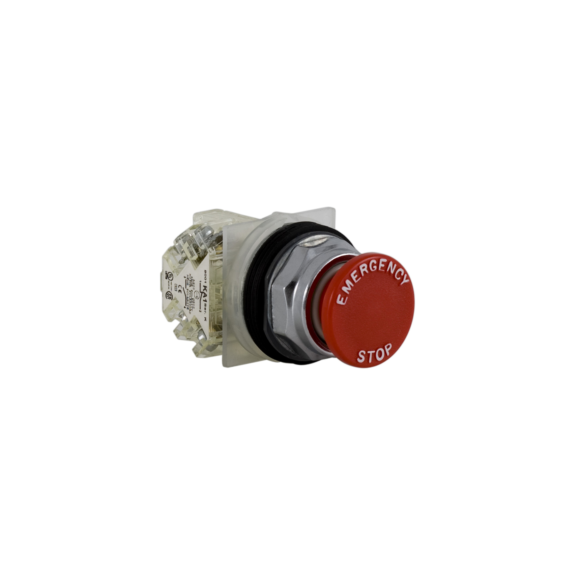 Push-button, Harmony 9001K, metal, snap-in plastic mushroom 35mm, red, 30mm, spring return, 1 C/O