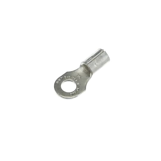 Non-Insulated Ring Terminal, Length .85 Inches, Width .38 Inches, Bolt Hole #10, Wire Range #12-#10 AWG, Copper, Tin Plated