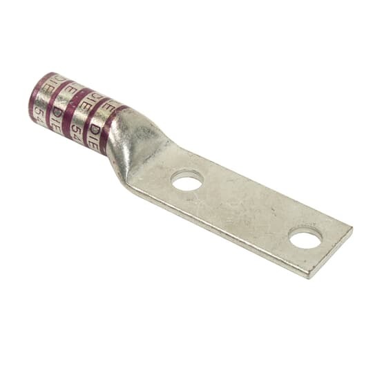 Copper Two-Hole Lug, Long Barrel, Blind End, Max 35kV, Wire Size 4/0 AWG, 1/2 Inch Bolt Size, 1-3/4 Inch Hole Spacing, Tin Plated, Die Code 54, Die Color Code Purple