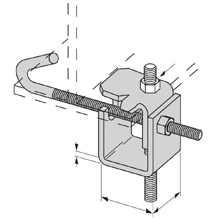 Eaton B-Line series beam clamps, 2" H x 1.8438" L x 1.6250" W, Steel, 500 Lbs load cap, 0.625" beam thickness