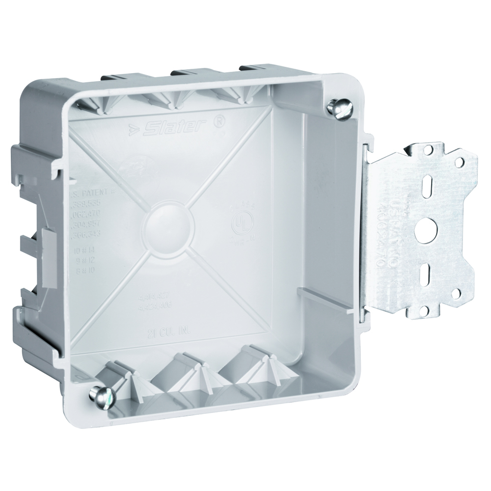 4 Square Box with Threaded Mounting Holes for Wood and Steel Stud Mounting.Three Auto/Clamps each end, 2 on side opposite bracket. Two #8 mounting screws factory installed.