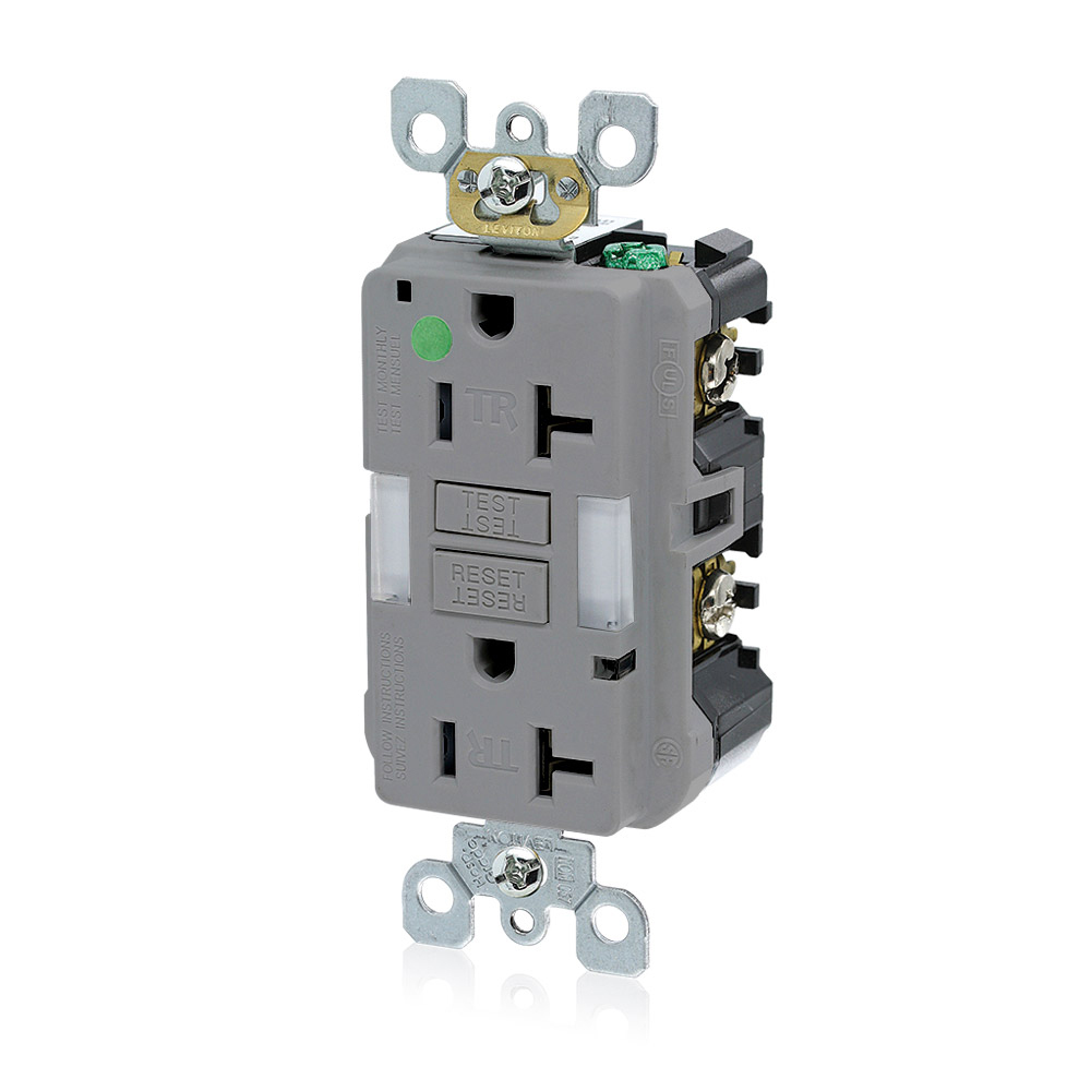 20 Amp, 125 Volt SmartlockPro Slim Guidelight Self-Test GFCI Receptacle, Hospital Grade, 20 Amp Feed-Through, Tamper-Resistant, Back & Side Wired, Wallplate Sold Separately - GRAY