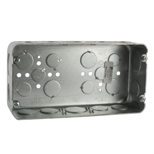 Three Gang Drawn-Style Gang Box, 90 Cubic Inches, 8-5/8 Inches Long x 4-1/2 Inches Tall x 2-1/2 Inches Deep, 3/4 Inch and 1 Inch Knockouts, Pre-Galvanized Steel, Drawn Construction, For use with Conduit