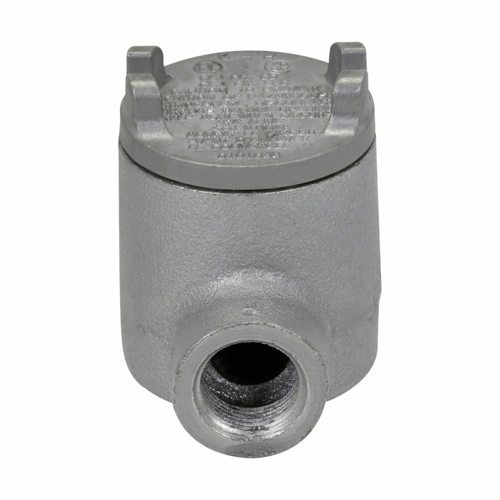 Eaton Crouse-Hinds series Condulet GUA conduit outlet box with cover, 2" cover opening diameter, Feraloy iron alloy, B shape, 1/2"
