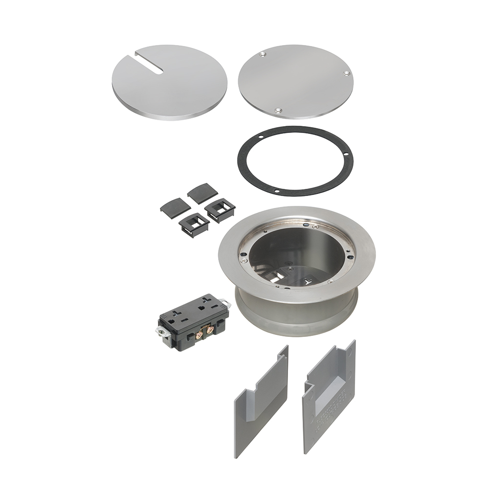Two low voltage openings. Ultra-thin stamped steel nickel plated flange cover, flush-to-floor in-use and blank cover. Installed UL Listed 20A tamper-resistant decorator-style receptacle.
