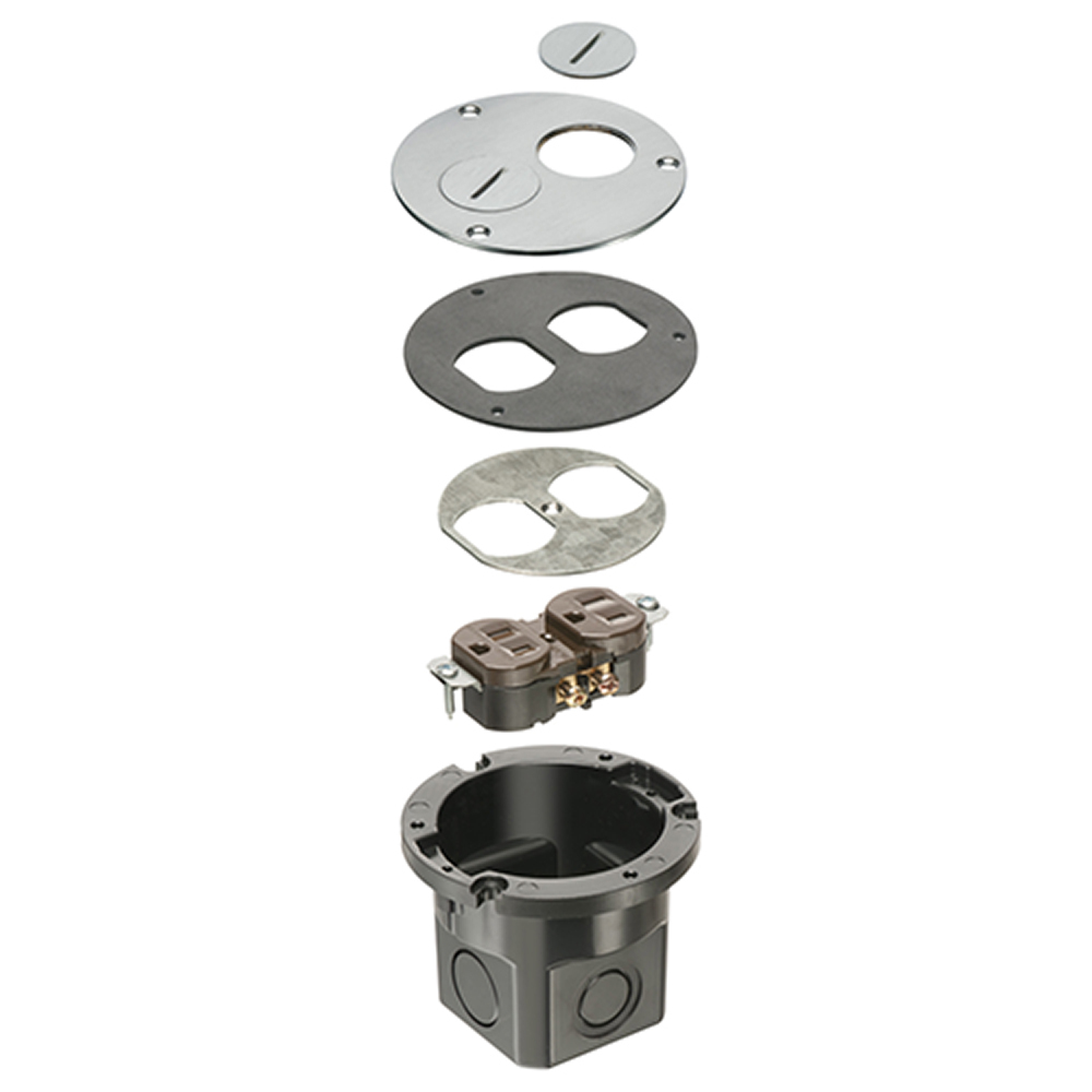 Flush to floor round cut in floor box kit. Nickel cover with threaded plugs.
