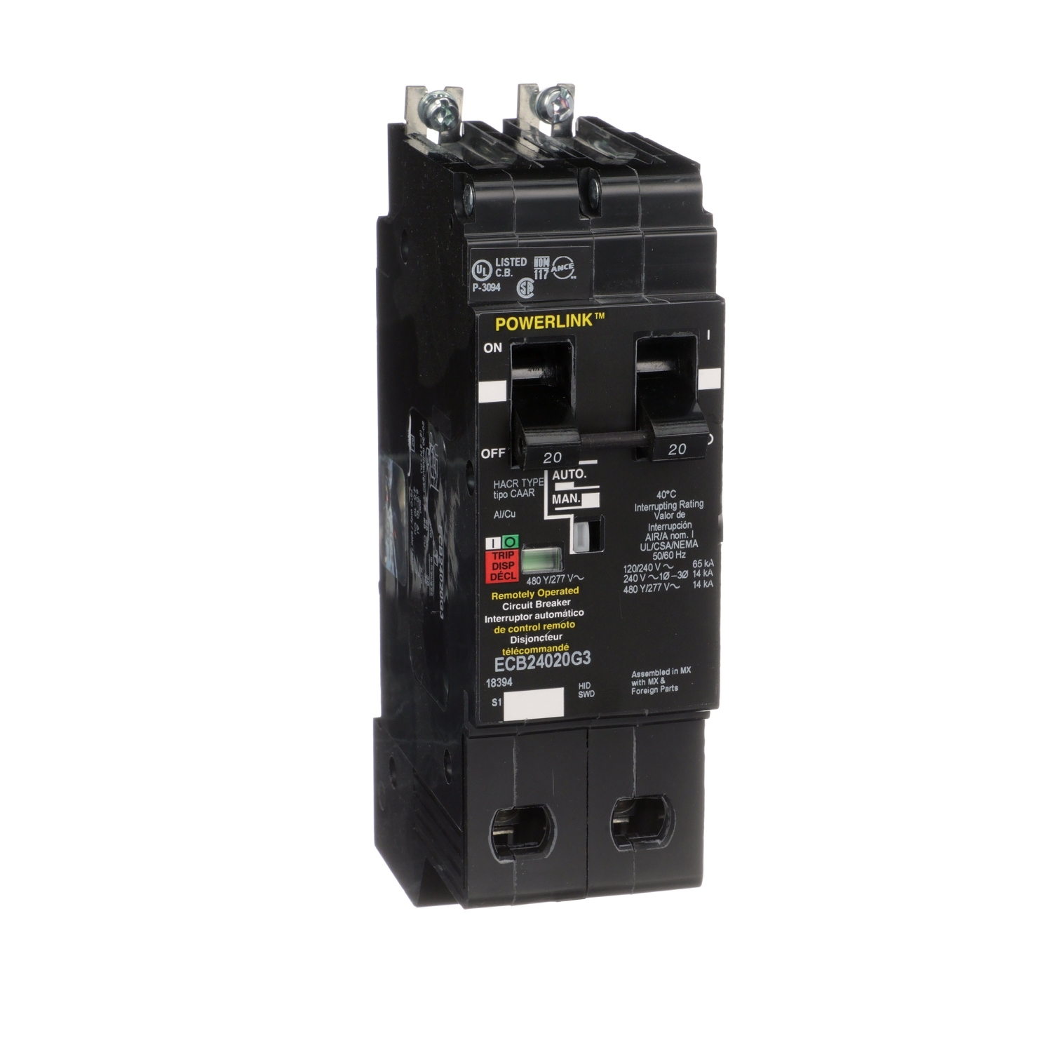 Circuit Breaker, PowerLink, 20A, 2 pole, 480Y/277VAC, 14kA, remotely operated, bolt on mount [TAA]