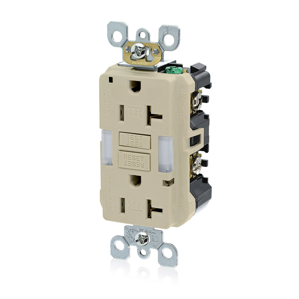 20 Amp, 125 Volt Receptacle/Outlet, 20 Amp Feed-Through, Tamper-Resistant, Self-test SmartlockPro Slim Guide Light GFCI, Monochromatic, back and side wired, self-grounding clip included, wallplate/faceplate sold separately - Ivory