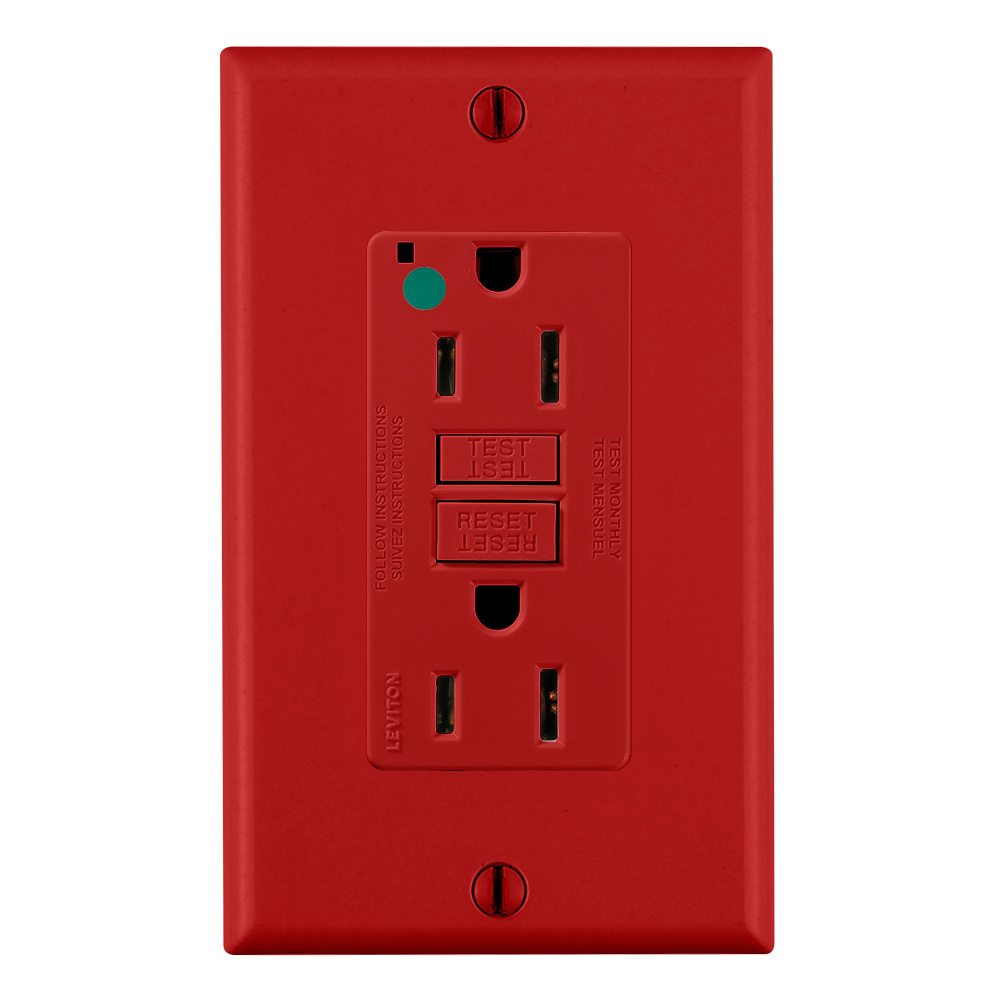 15 Amp, 125 Volt, SmartlockPro Slim Self-Test GFCI Receptacle, Extra-Heavy Duty Hospital Grade, NEMA 5-15R, 20A Feed-Through, 2P, 3W, Matching Wallplate Included - RED
