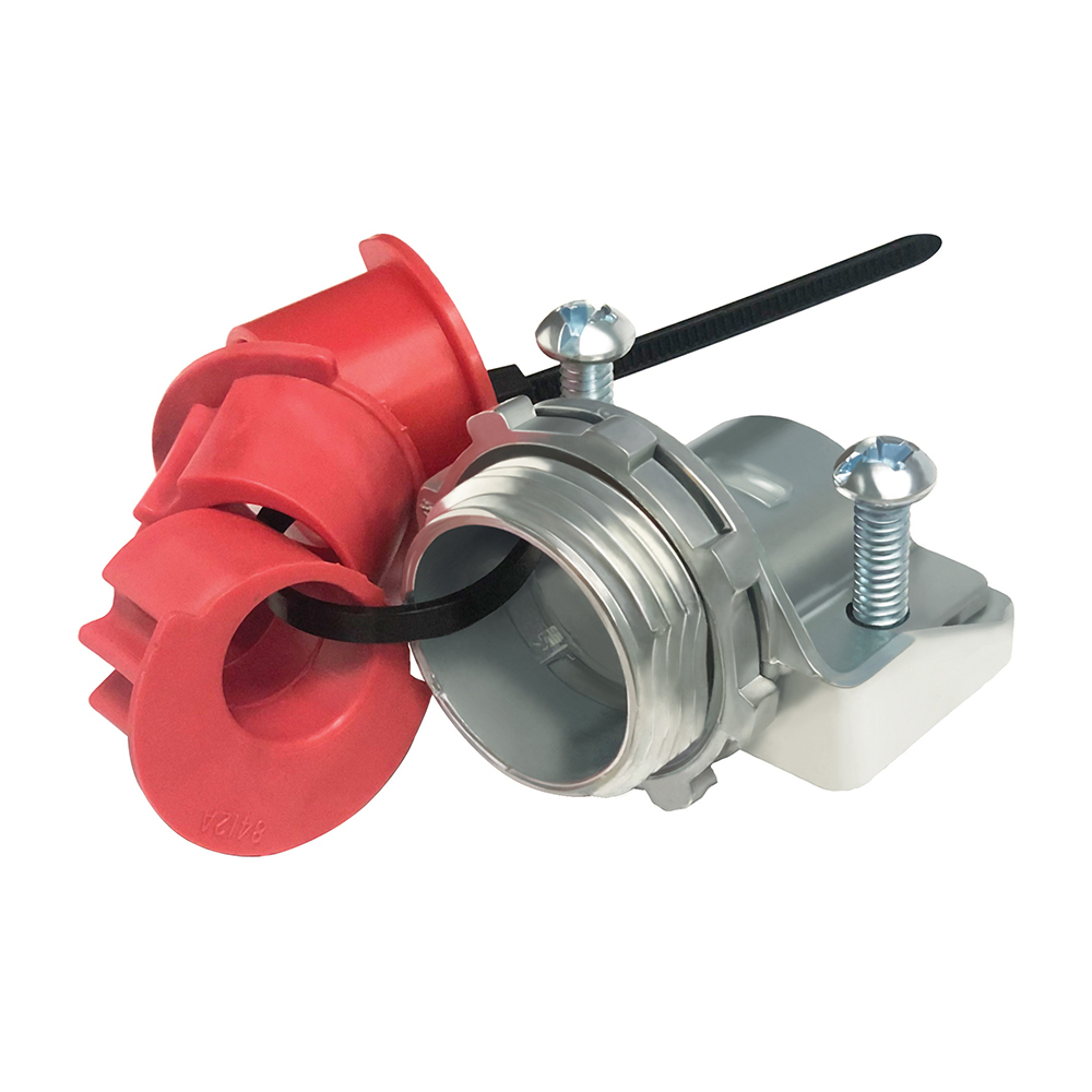 For steel and aluminum cable, Zinc die-cast MC feeder cable connector with a steel strap. Including an end stop that comes with additional end stop bushings for a wider range of cables. Secures into a 2" knockout with a steel locknut. Concrete tight when taped.