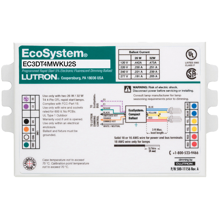 EcoSystem 5 percent 3-Wire and EcoSystem Digital Link Controlled T4 Compact, 2 lamps, ballast factor of 0.95, K-can, studded, 26/32W