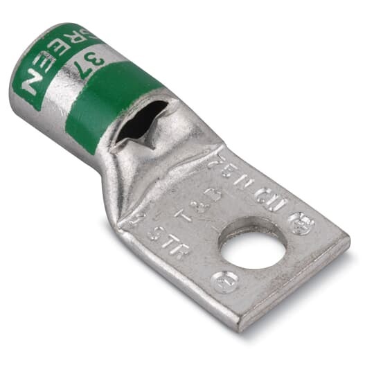 Copper One-Hole Lug, Standard  Barrel, Peep Hole, Max 35kV, Wire Size 600 kcmil, 1/2 Inch Bolt Size, 13/16 Inch Hole Spacing, Tin Plated, Die Color Code Green, Die Code 94
