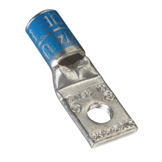Copper One-Hole Lug, Short Barrel, Max 35kV, 6 Str. Wire, 5/16 Bolt Size, Tin Plated, Die Color Code Blue