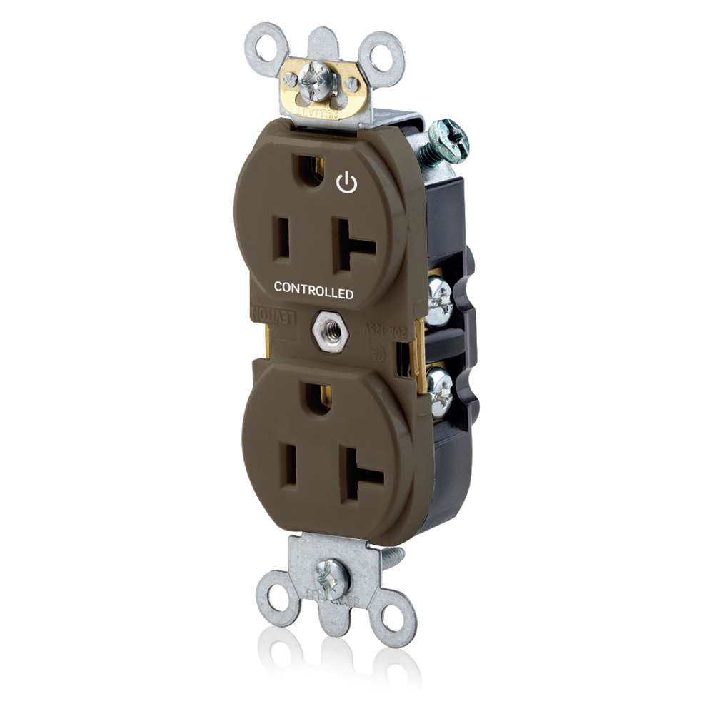 Duplex Receptacle. Narrow Body Design. 2-pole 3-wire. Nema 5-20R. 20A-125V Flat Face. Back And Side Wired. Industrial Spec Grade. Self Grounding.  Hot Terminal Split W/1 Plug Controlled Markings - Brown