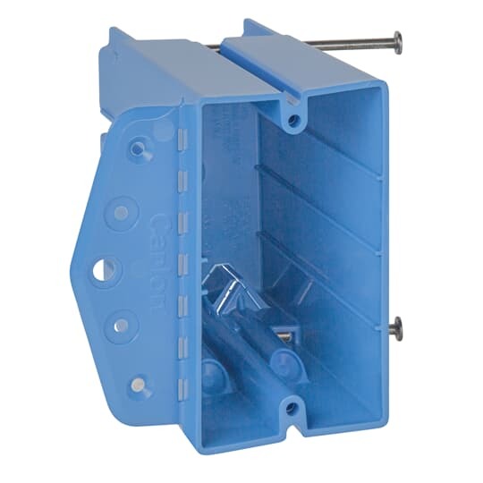 One Gang Multipurpose Electrical Box, Volume 24.5 Cubic Inches, Length 3-1/4 Inches, Width 3-1/2 Inches, Depth 2-7/32 Inches, Color Blue, Material PVC, Mounting Means Captive Nails, Side Flange, Internal Screws