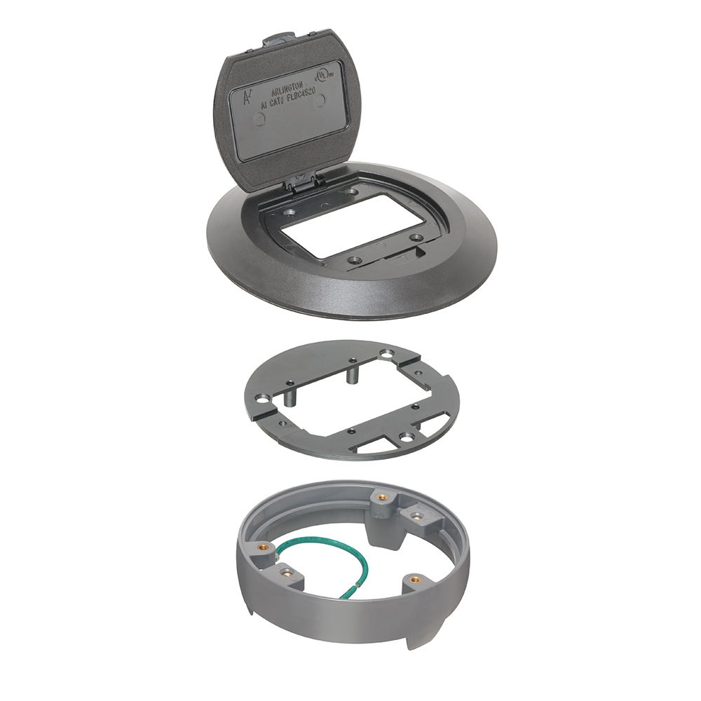 Finish your floorbox installation with Arlington's round non-metallic cover kits with flip lid. The black colored kit fits on Arlington's FLBC4500 box. Includes round plastic gasketed cover, mounting plate and leveling ring.