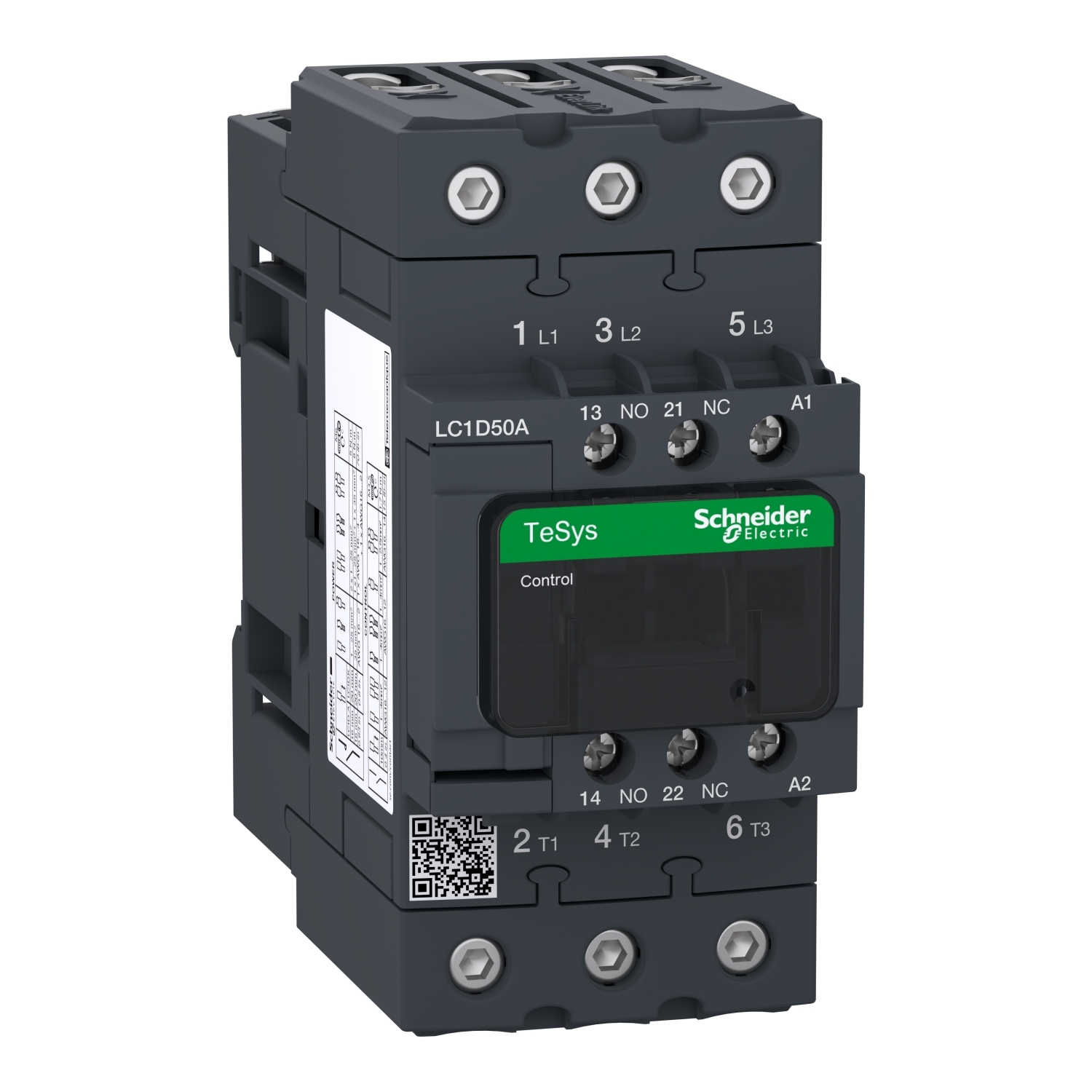 IEC contactor, TeSys D, nonreversing, 50A, 40HP at 480VAC, up to 100kA SCCR, 3 phase, 3 NO, 208VAC 50/60Hz coil, open