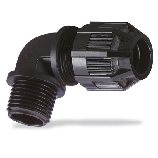 Liquidtight Strain Relief Connector, 90 Degree Bend, 1/2 Inch NPT Thread, Cable Range 0.310 Inch/7.9mm to 0.560 Inch/14.2mm, IP65 Rating, UV Resistant Polyamide 6.6 Body, Black
