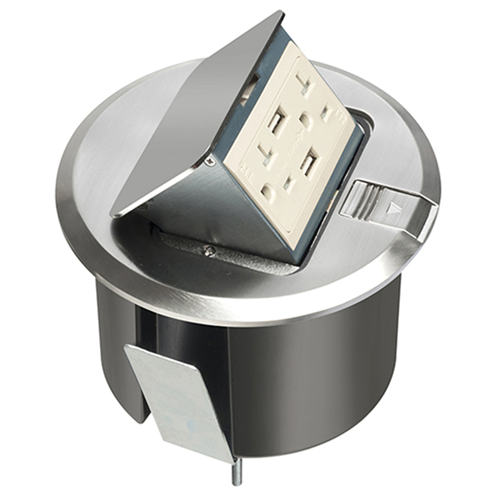 Pop up counter top box kit with round nickel plated cover. With Round plastic box. Comes with 20 amp decorator style tamper resistant receptacle with (2) USB ports.