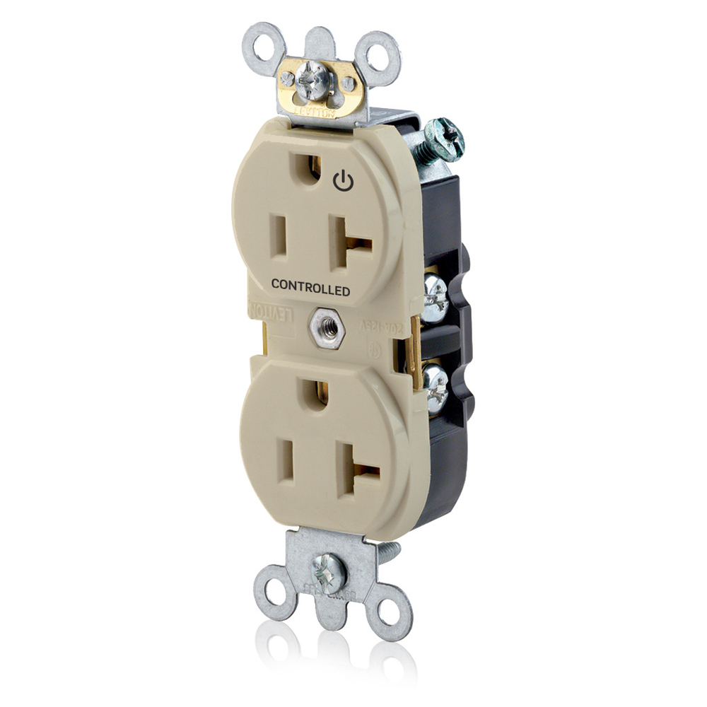 Duplex Receptacle. Narrow Body Design. 2-pole 3-wire. Nema 5-20R. 20A-125V Flat Face. Back And Side Wired. Industrial Spec Grade. Self Grounding.  Hot Terminal Split W/1 Plug Controlled Markings - Ivory