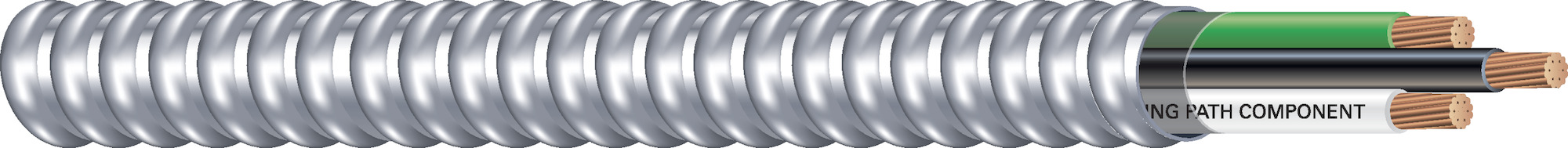 Southwire Armorlite Type MC Cable is constructed with soft-drawn copper  Type THHN/THWN-2 conductors rated 90C dry  and a bare copper grounding conductor for sizes 1/0 AWG and larger. The conductors are cabled together and a binder tape bearing the print legend is wrapped around the assembly. Aluminum interlocking armor is applied over the assembly. Also available in steel. Conductors are black with phase identification. Colors available upon request with economic order quantity.