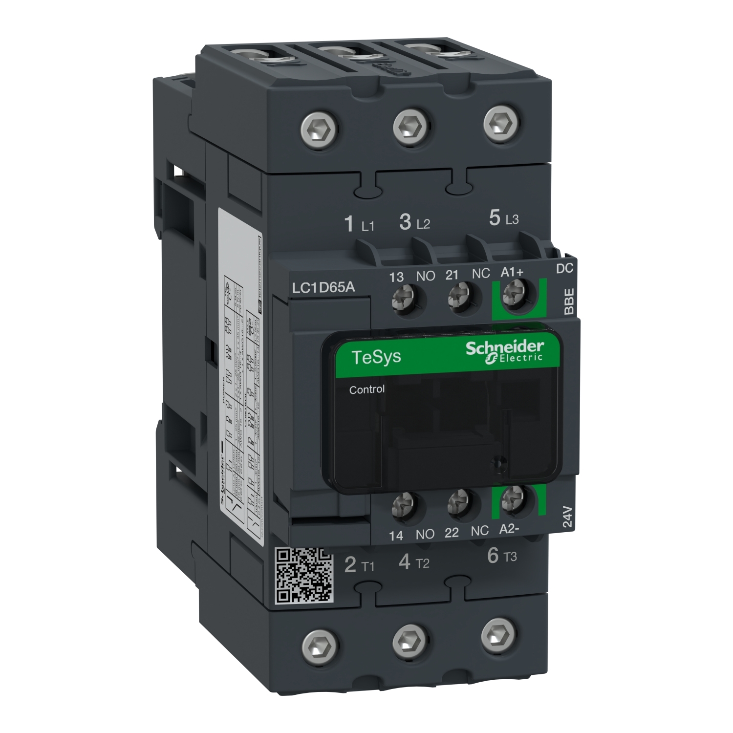 IEC contactor, TeSys Deca, nonreversing, 65A, 40HP at 480VAC, up to 100kA SCCR, 3 phase, 3 NO, 24VDC coil, open style