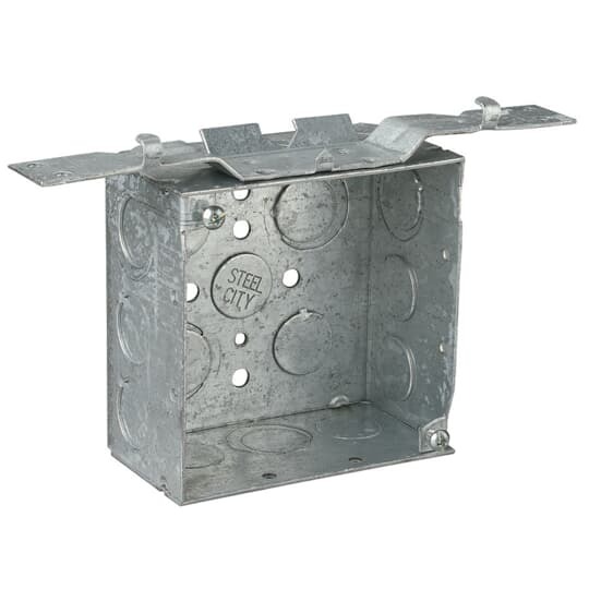 Square Box, 30.3 Cubic Inches, 4 Inch Square x 2-1/8 Inch Deep, 1/2 Inch and 3/4 Inch Eccentric Knockouts, Pre-Galvanized Steel, SV Bracket Mounted Flush, For use with Conduit