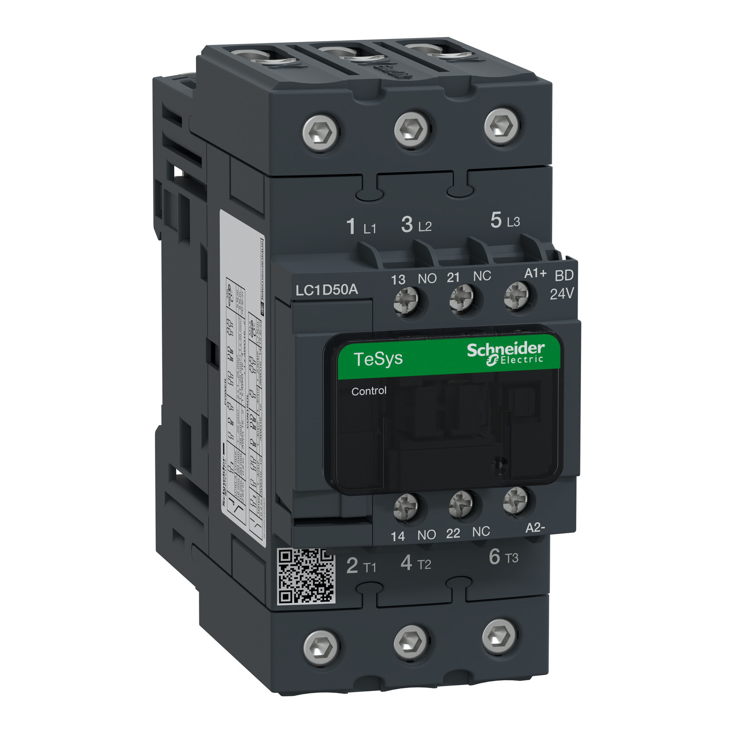 IEC contactor, TeSys Deca, nonreversing, 50A, 40HP at 480VAC, up to 100kA SCCR, 3 phase, 3 NO, 24VDC coil, open style